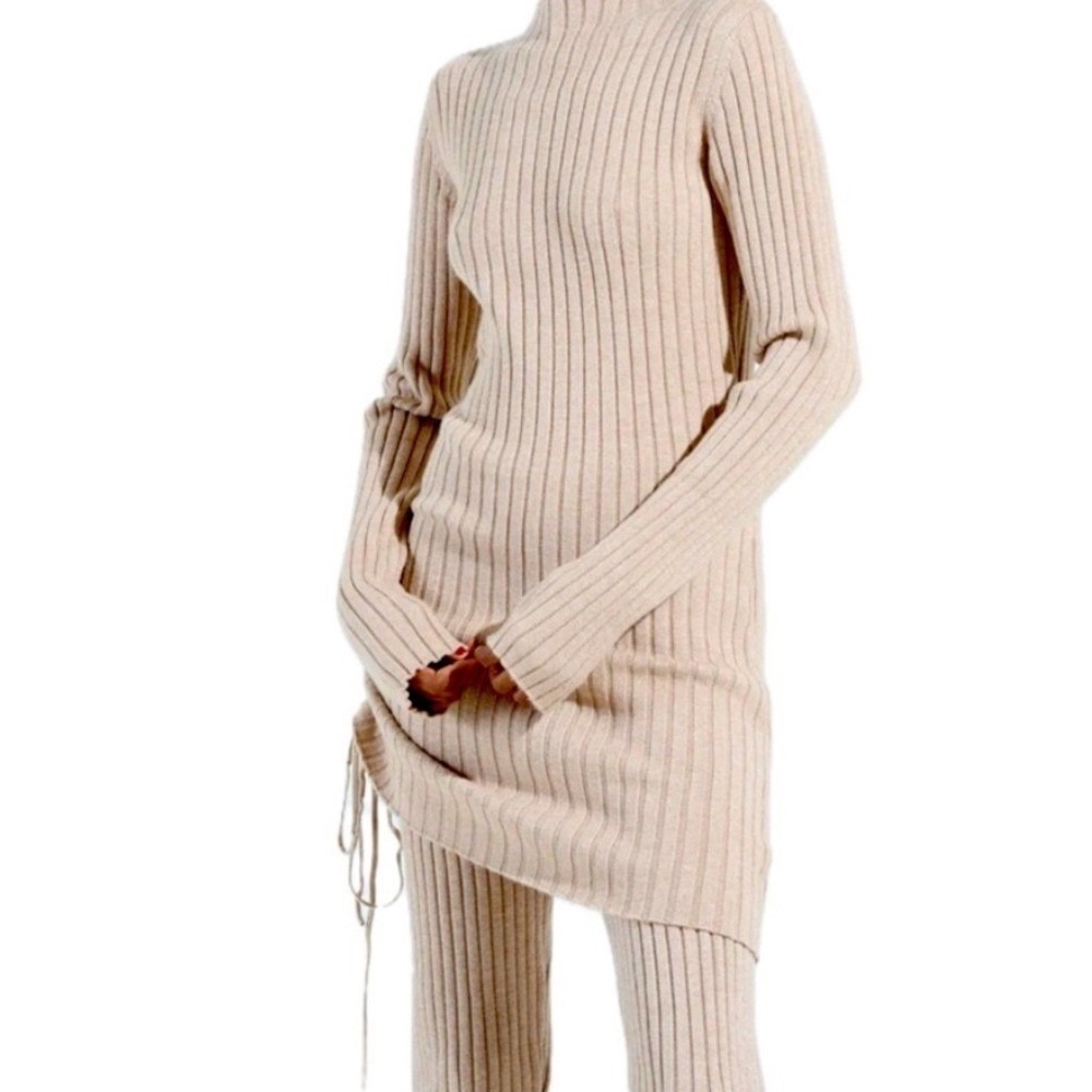 👖👕 AKIRA Chic Beige Ribbed Knit Mini Dress & Flared Pant Set | Women's Plus 1X